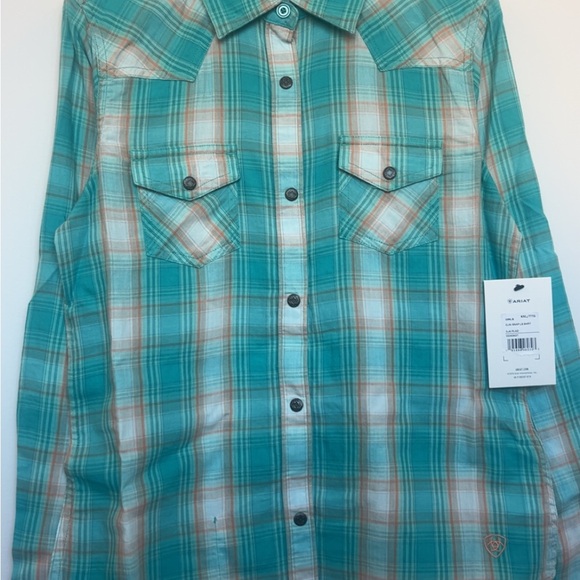 Ariat Girls Turquoise Plaid Western Snap Collard Neck Long Sleeve Shirt. NEW XXL - Picture 3 of 9
